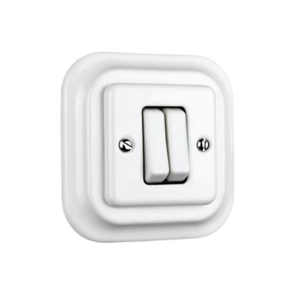 Elhard - Interrupteur double d'escalier style rétro en céramique avec cadre n° 6+6, blanc
