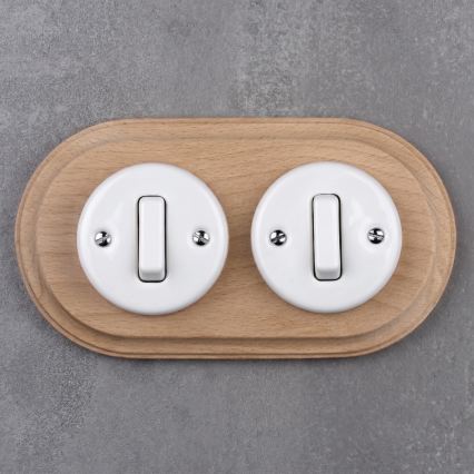 Elhard - Interrupteur double en céramique rétro avec cadre č. 1 blanc/bois clair