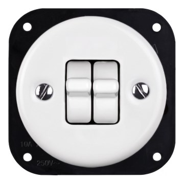 Elhard - Interrupteur double rétro pour escalier en céramique, à bascule, sans cadre, n° 6+6, blanc