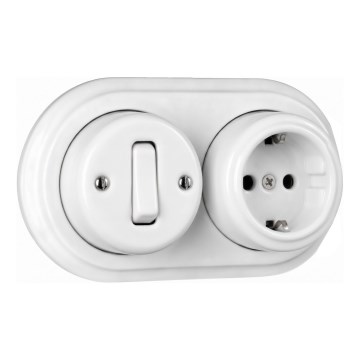 Elhard - Interrupteur mural rétro en céramique unipolaire n°1 et prise SCHUKO 230 V avec cadre, blanc