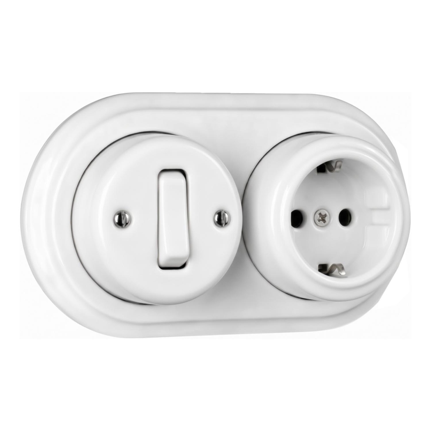 Elhard - Interrupteur mural rétro en céramique unipolaire n°1 et prise SCHUKO 230 V avec cadre, blanc