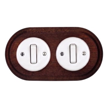 Elhard - Interrupteur rétro double en céramique avec cadre n° 1, blanc/bois foncé
