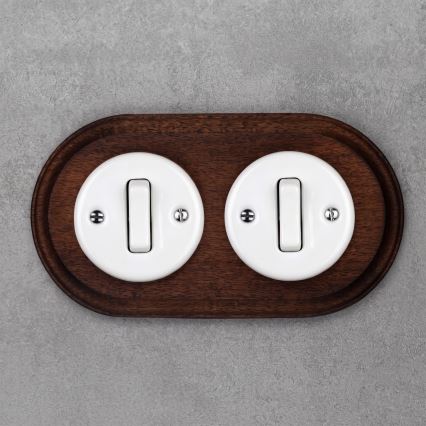 Elhard - Interrupteur rétro double en céramique avec cadre n° 1, blanc/bois foncé