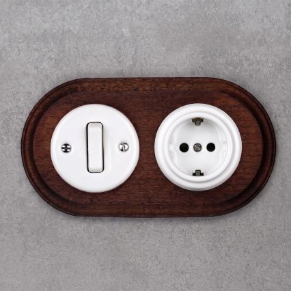 Elhard - Interrupteur rétro en céramique č. 1 et prise 230V avec cadre SCHUKO blanc/bois foncé