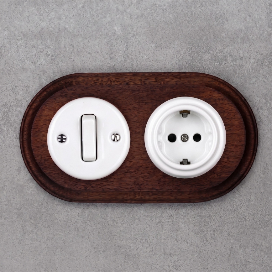 Elhard - Interrupteur rétro en céramique č. 1 et prise 230V avec cadre SCHUKO blanc/bois foncé