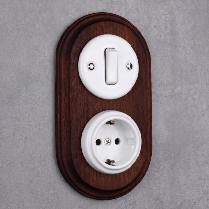 Elhard - Interrupteur rétro en céramique č. 1 et prise 230V avec cadre SCHUKO blanc/bois foncé