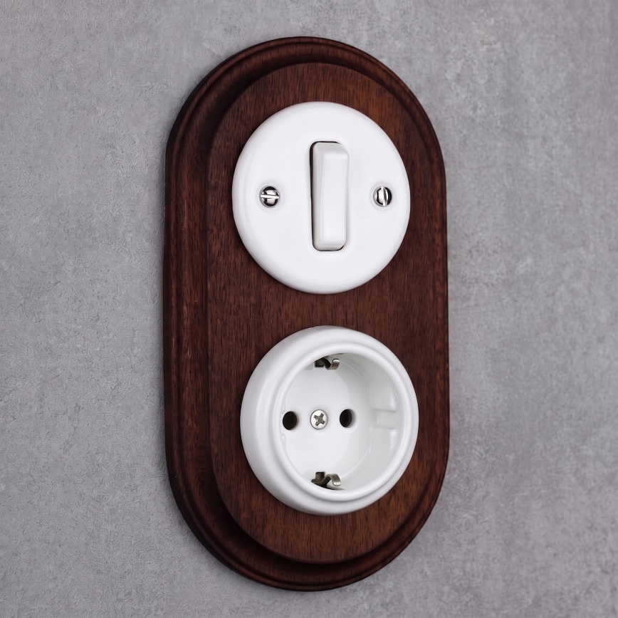 Elhard - Interrupteur rétro en céramique č. 1 et prise 230V avec cadre SCHUKO blanc/bois foncé