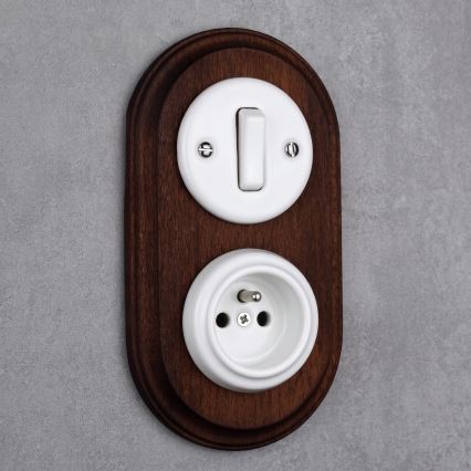 Elhard - Interrupteur rétro en céramique č. 1 et prise 230V avec cadre blanc/bois foncé