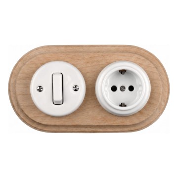 Elhard - Interrupteur rétro en céramique č. 1 et prise 230V avec cadre SCHUKO blanc/bois clair
