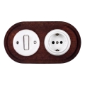 Elhard - Interrupteur rétro en céramique č. 1 et prise 230V avec cadre SCHUKO blanc/bois foncé