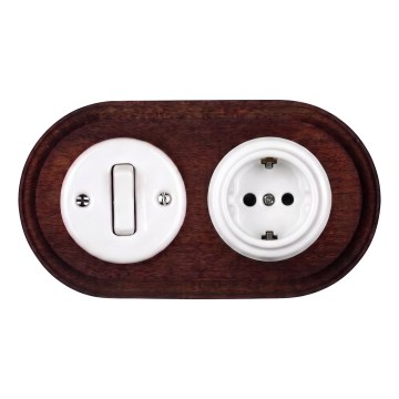 Elhard - Interrupteur rétro en céramique č. 1 et prise 230V avec cadre SCHUKO blanc/bois foncé