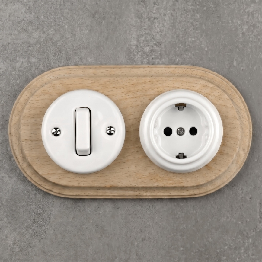 Elhard - Interrupteur rétro en céramique č. 1 et prise 230V avec cadre SCHUKO blanc/bois clair