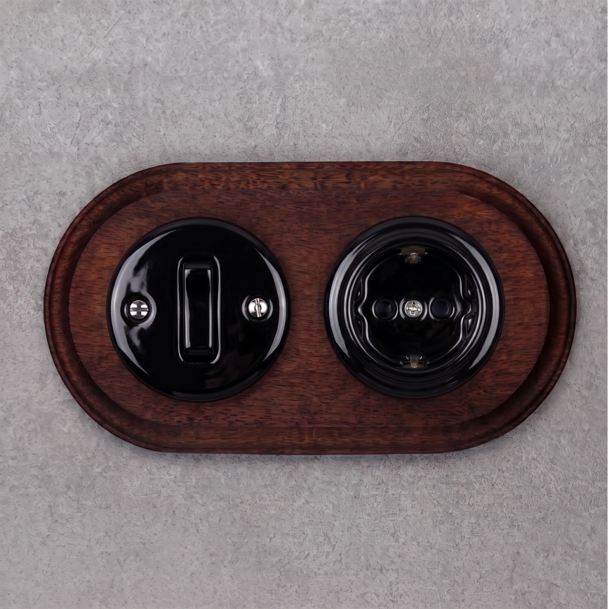Elhard - Interrupteur rétro en céramique n° 1 et prise 230 V avec cadre SCHUKO noir/bois foncé