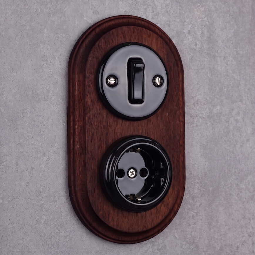 Elhard - Interrupteur rétro en céramique n° 1 et prise 230 V avec cadre SCHUKO noir/bois foncé