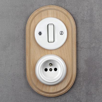 Elhard - Interrupteur rétro en céramique n° 1 et prise 230 V avec cadre blanc/bois clair