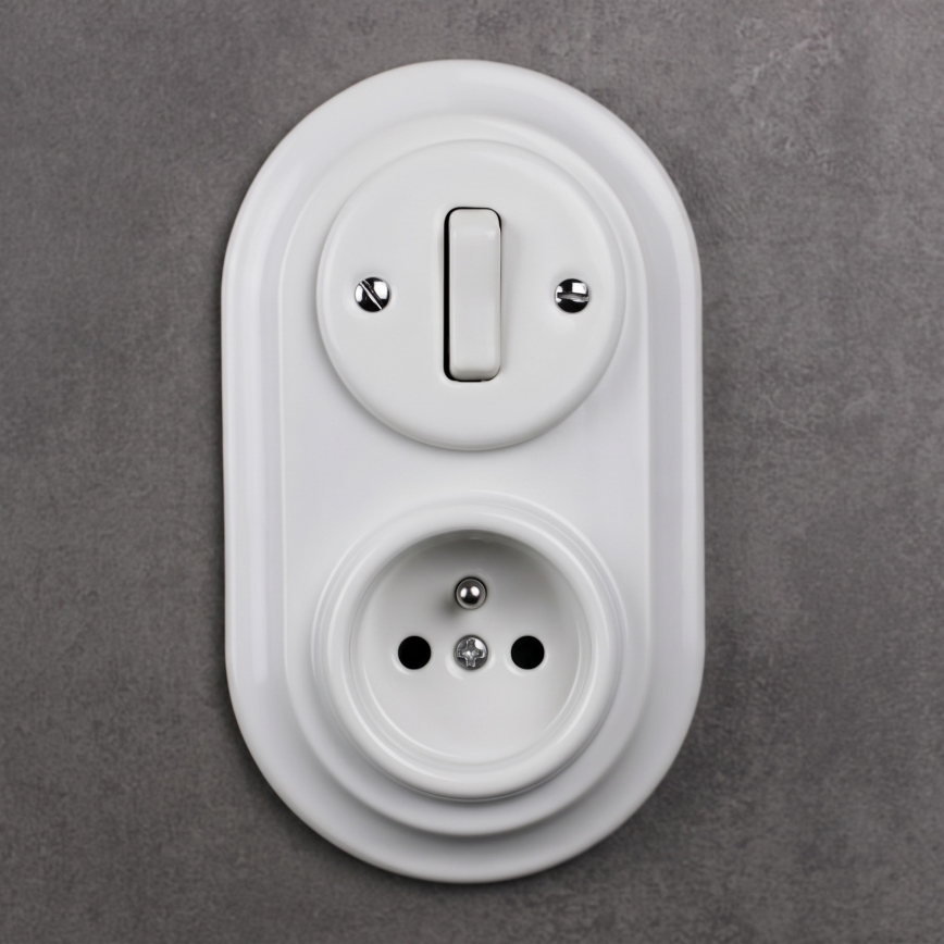 Elhard - Interrupteur rétro en céramique n° 1 et prise 230 V avec cadre, blanc