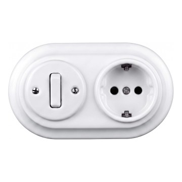 Elhard - Interrupteur rétro en céramique n° 1 et prise 230 V avec cadre SCHUKO, blanc