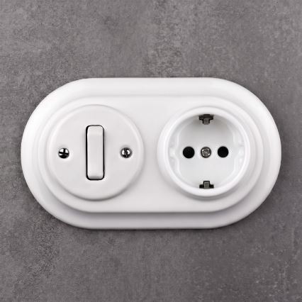 Elhard - Interrupteur rétro en céramique n° 1 et prise 230 V avec cadre SCHUKO, blanc