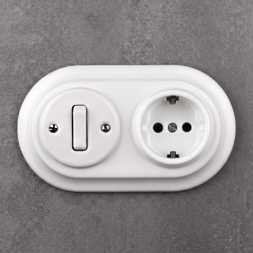 Elhard - Interrupteur rétro en céramique n° 1 et prise 230 V avec cadre SCHUKO, blanc