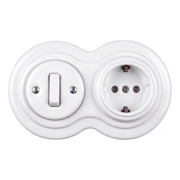 Elhard - Interrupteur rétro en céramique n° 1 et prise 230 V avec cadre SCHUKO, blanc