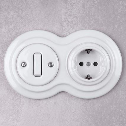 Elhard - Interrupteur rétro en céramique n° 1 et prise 230 V avec cadre SCHUKO, blanc