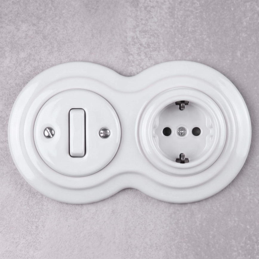 Elhard - Interrupteur rétro en céramique n° 1 et prise 230 V avec cadre SCHUKO, blanc