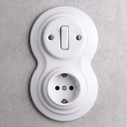 Elhard - Interrupteur rétro en céramique n° 1 et prise 230 V avec cadre SCHUKO, blanc