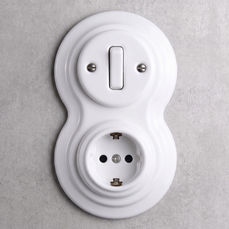 Elhard - Interrupteur rétro en céramique n° 1 et prise 230 V avec cadre SCHUKO, blanc