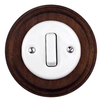 Elhard - Interrupteur rétro simple en céramique avec cadre č. 1, blanc/bois foncé