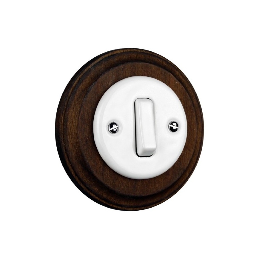 Elhard - Interrupteur rétro simple en céramique avec cadre č. 1, blanc/bois foncé