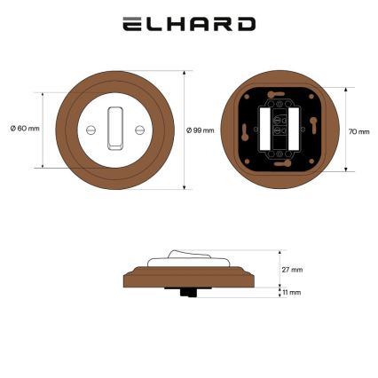 Elhard - Interrupteur rétro simple en céramique avec cadre č. 1, blanc/bois foncé