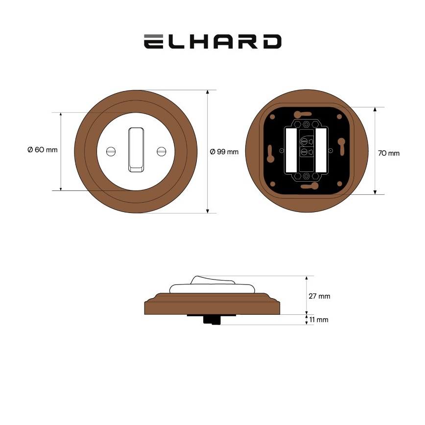 Elhard - Interrupteur rétro simple en céramique avec cadre č. 1, blanc/bois foncé