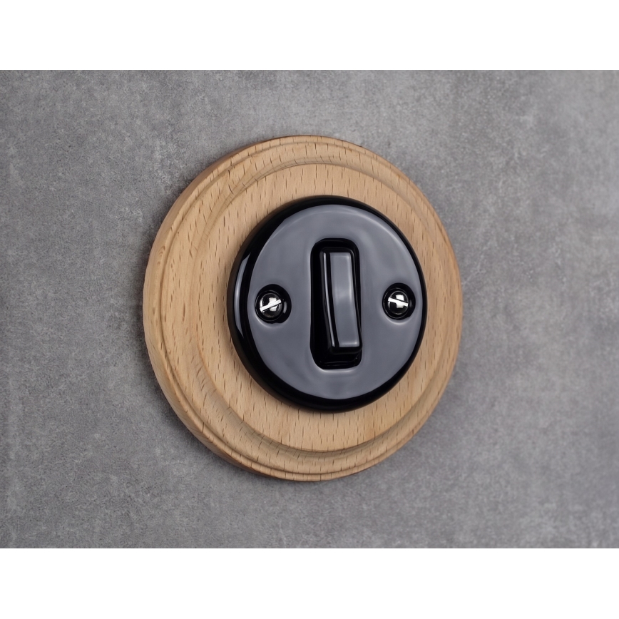 Elhard - Interrupteur rétro simple en céramique avec cadre č. 1 noir/bois clair