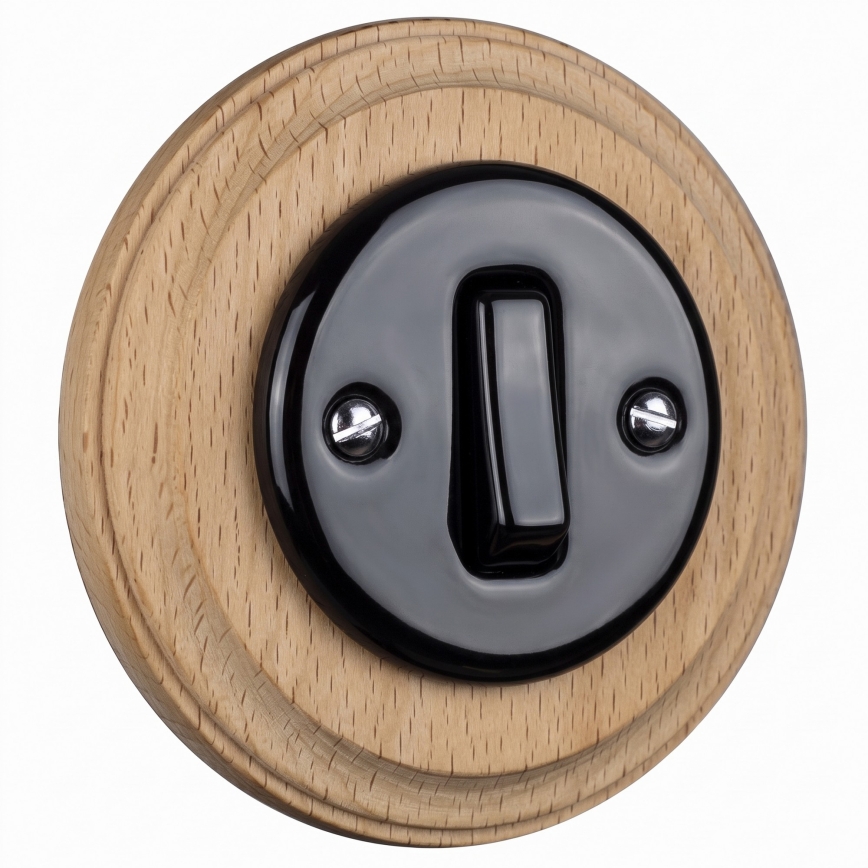 Elhard - Interrupteur rétro simple en céramique avec cadre č. 1 noir/bois clair