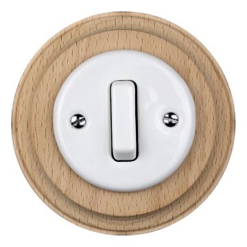 Elhard - Interrupteur simple rétro en céramique avec cadre č. 1, blanc/bois clair