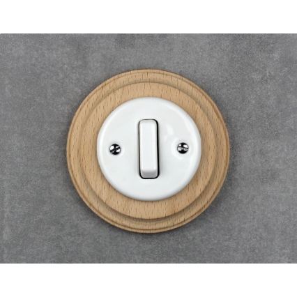 Elhard - Interrupteur simple rétro en céramique avec cadre č. 1, blanc/bois clair