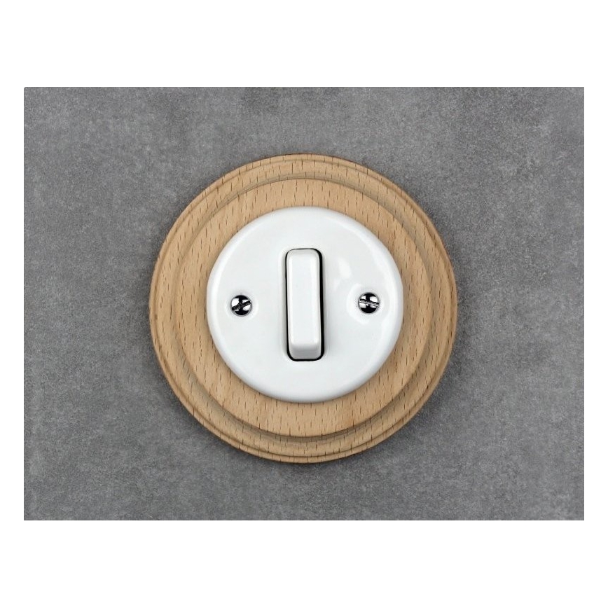 Elhard - Interrupteur simple rétro en céramique avec cadre č. 1, blanc/bois clair