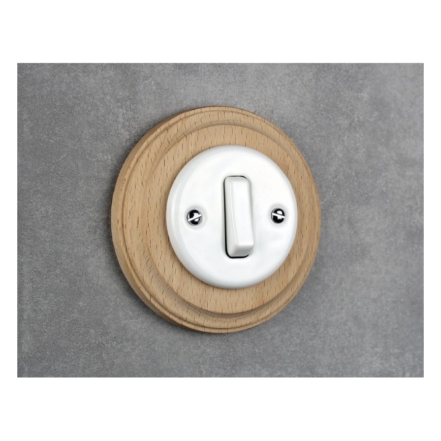 Elhard - Interrupteur simple rétro en céramique avec cadre č. 1, blanc/bois clair
