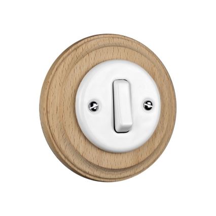 Elhard - Interrupteur simple rétro en céramique avec cadre č. 1, blanc/bois clair