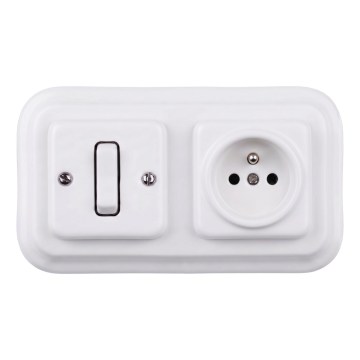 Elhard - Interrupteur unipolaire rétro en céramique n° 1 et prise 230 V avec cadre blanc