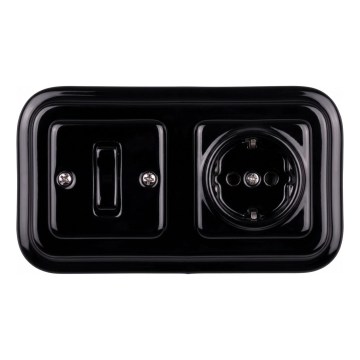 Elhard - Interrupteur unipolaire rétro en céramique n° 1 et prise SCHUKO 230 V avec cadre noir