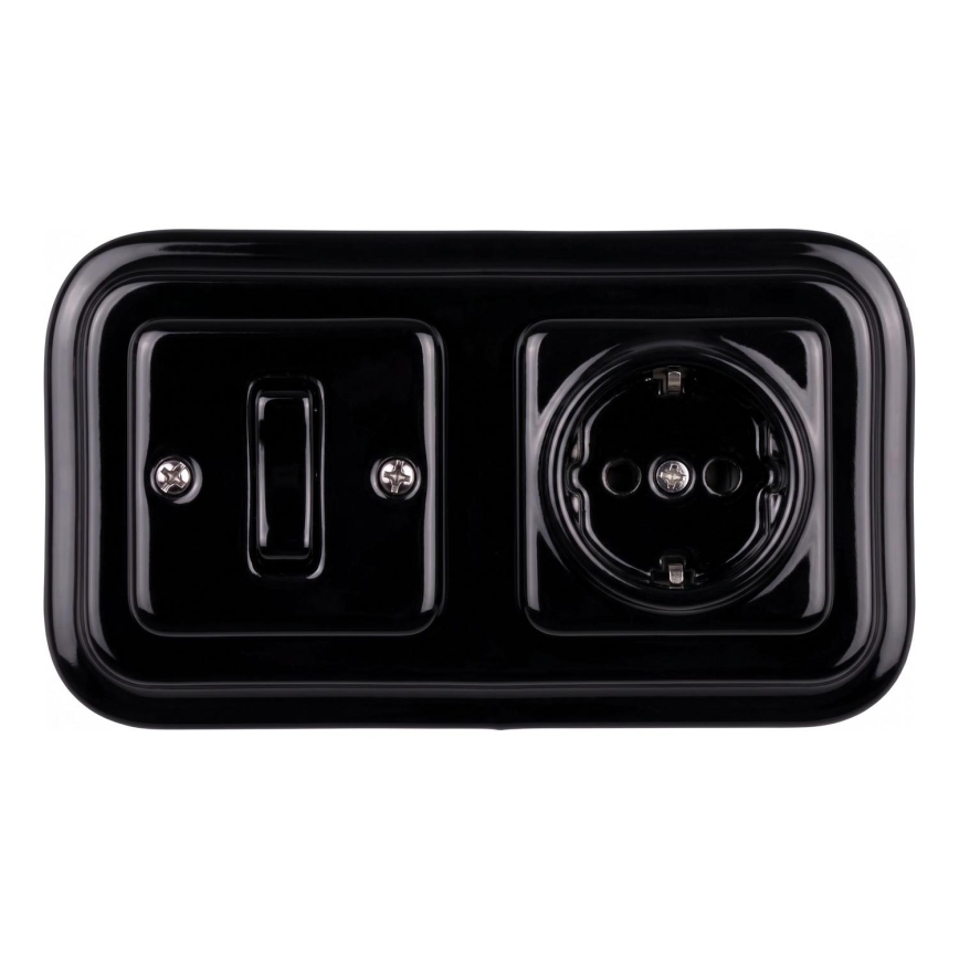 Elhard - Interrupteur unipolaire rétro en céramique n° 1 et prise SCHUKO 230 V avec cadre noir