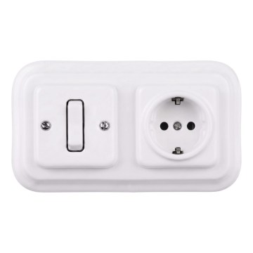 Elhard - Interrupteur unipolaire rétro en céramique n° 1 et prise SCHUKO 230V avec cadre blanc