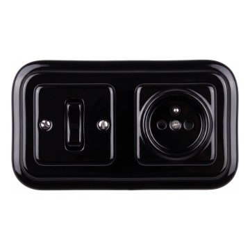 Elhard - Interrupteur unipolaire rétro en céramique n°1 et prise 230 V avec cadre, noir