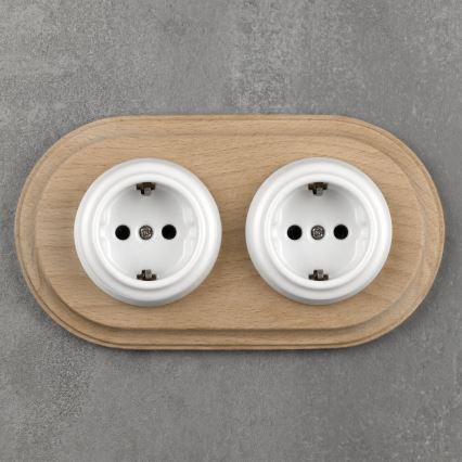 Elhard - Double prise murale rétro en céramique avec cadre SCHUKO 230 V blanc/bois clair