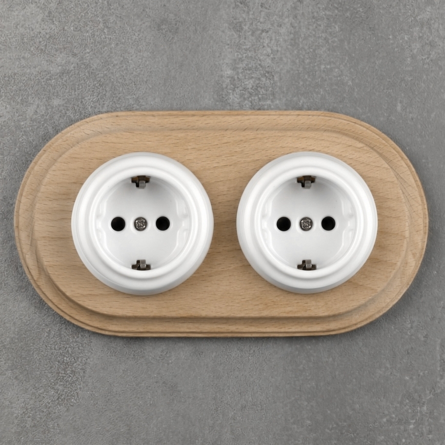 Elhard - Double prise murale rétro en céramique avec cadre SCHUKO 230 V blanc/bois clair