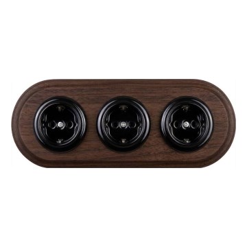 Elhard - Prise domestique rétro triple en céramique avec cadre SCHUKO 230V noir/bois foncé