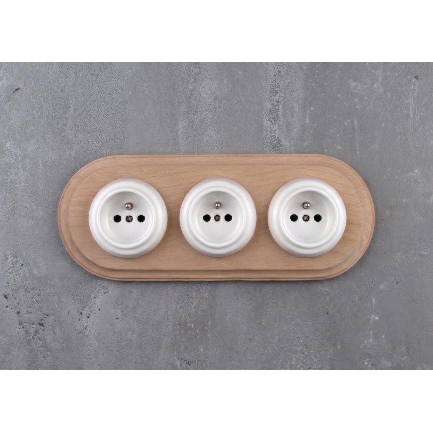 Elhard - Prise murale triple en céramique au style rétro avec cadre 230V blanc/bois clair