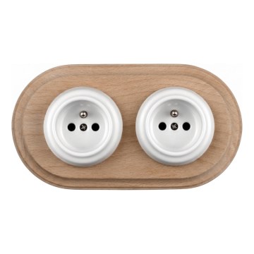 Elhard - Prise double en céramique au style rétro pour usage domestique avec cadre 230V blanc/bois clair