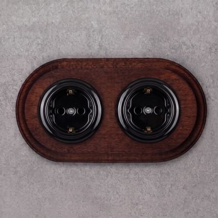 Elhard - Double prise murale en céramique rétro avec cadre SCHUKO 230V noir/bois foncé